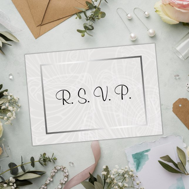Zeitgenössisches Silber- und Grau-Damast-Hochzeits RSVP Karte (Von Creator hochgeladen)