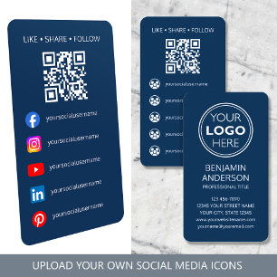 Zeitgenössisches Social-Media-Logo QR-Code Navy Visitenkarte