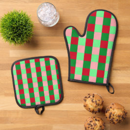 Zeitgenössisches Weihnachts-Schachbrettmuster Ofenhandschuh & Topflappen-Set