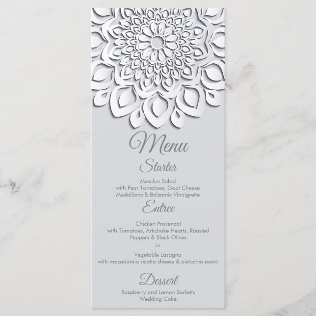 Zeitgenössisches Weißbuch Cut Mandala Wedding Menükarte (Vorderseite)