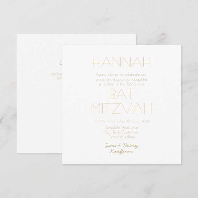 Zeitgenössisches White Gold BAT BAR MITZVAH Classi Einladung (Vorne/Hinten)