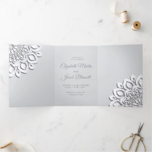 Zeitgenössisches White Papercut Mandala Wedding Dreifach Gefaltete Einladung