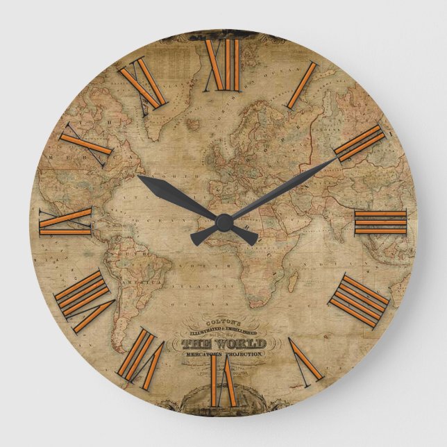 Zeitgesteuerte Vintage Weltkarte Große Wanduhr (Vorderseite)