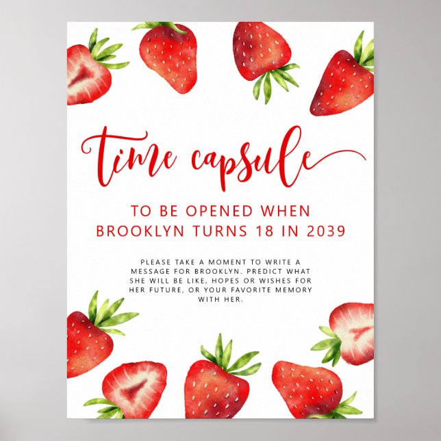 Zeitkapselunterschrift | Strawberry Birthday Party Poster (Vorne)