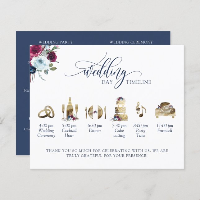 Zeitleiste des Blue Burgundy Berry Wedding Program (Vorne/Hinten)