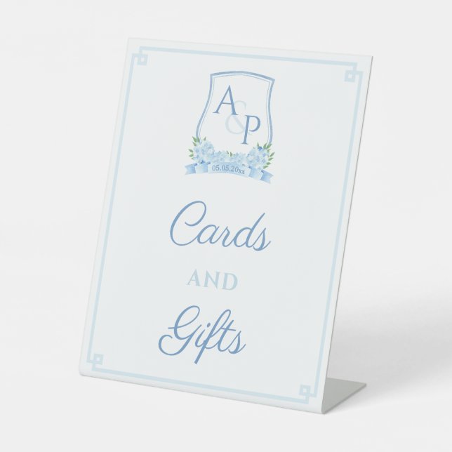 Zeitlos blaue Wappen-Karten und Geschenke Sockelschild (Vorderseite)