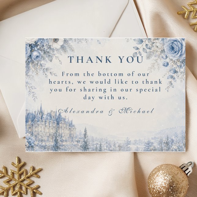 Zeitlos blaue Winterhochzeit Dankeskarte (Von Creator hochgeladen)