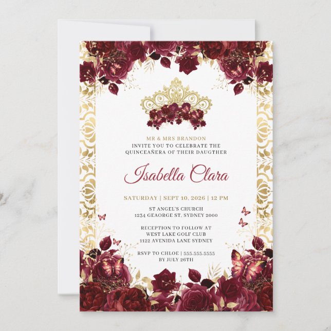 Zeitlos Burgund Floral Gold Arch Quinceanera Einladung (Vorderseite)