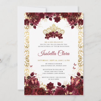 Zeitlos Burgund Floral Gold Arch Quinceanera Einladung