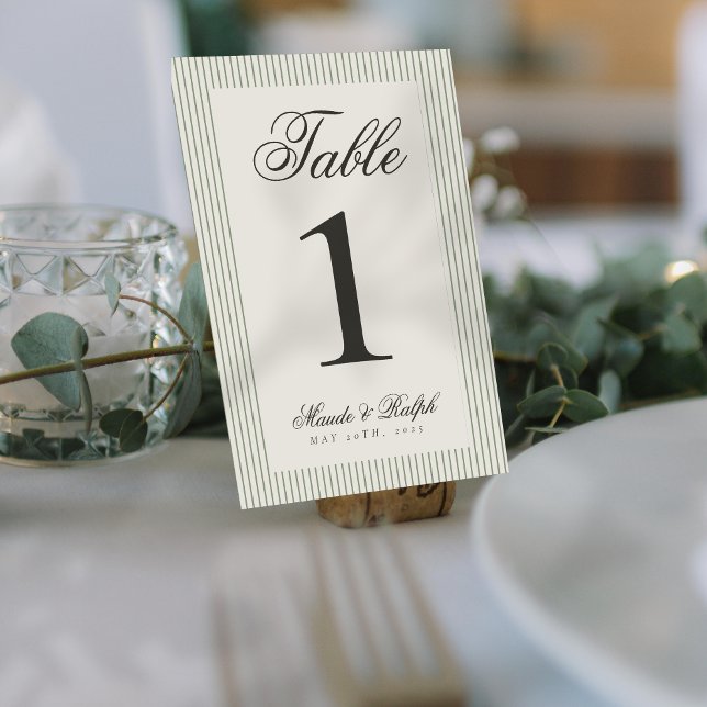 Zeitlose Alt Money Green Stripe Hochzeit Tischnummer (Guide guests to their seats using these Timeless Old Money Thin Stripe Wedding Table Numbers! )