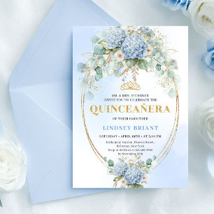 Zeitlose blaue Blumen-Gold-Quinceañera-Einladung Einladung