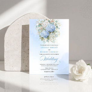 Zeitlose blaue Hortensien-Gold-Blumen-Hochzeitsein Einladung