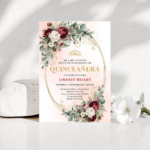 Zeitlose burgunderrote Floral Quinceañera-Einladun Einladung