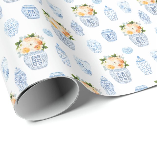 Zeitlose Dame Herbst Blume blau weiß und orange Geschenkpapier (Rolleneckpunkt)