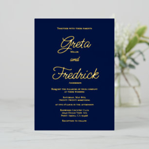 Zeitlose einfache Eleganz Gold Schrift Navy Hochze Folieneinladung