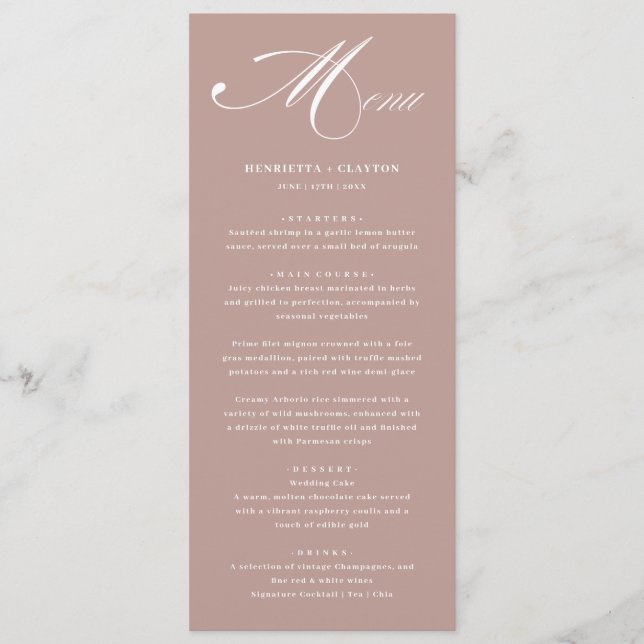 Zeitlose Elegance Dusty Rose Wedding Menu Menükarte (Vorderseite)