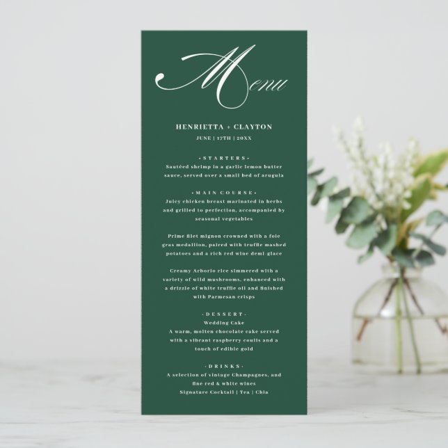 Zeitlose Elegance Emerald Green Wedding Menu Menükarte (Stehend Vorderseite)
