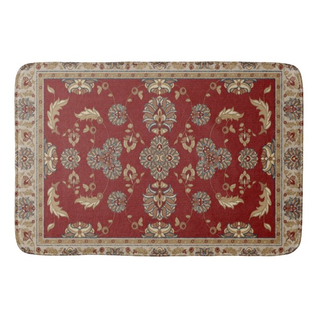 Zeitlose Elegance Rot und Beige Klassische Stoffe Badematte (Vorderseite)