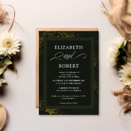 Zeitlose, elegante, dunkelgrüne und goldene Blumen Einladung