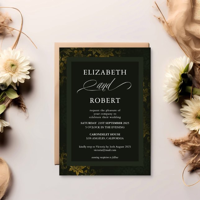 Zeitlose, elegante, dunkelgrüne und goldene Blumen Einladung (Von Creator hochgeladen)