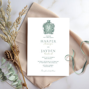 Zeitlose Eleganz, grüne Monogramm-Hochzeit Einladung