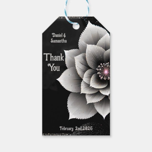 Zeitlose Eleganz: Schwarz & Silber Blossom Hochzei Geschenkanhänger (Vorderseite)