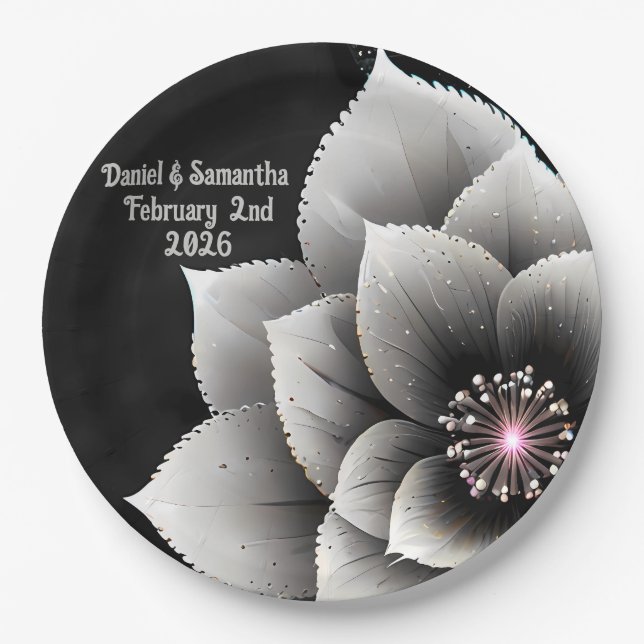 Zeitlose Eleganz: Schwarz & Silber Blossom Hochzei Pappteller (Vorderseite)