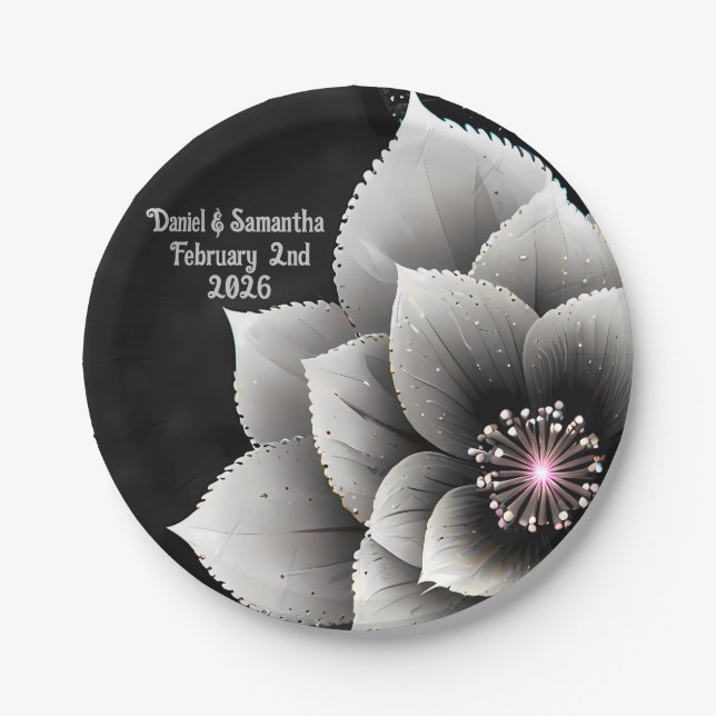 Zeitlose Eleganz: Schwarz & Silber Blossom Hochzei Pappteller (Vorderseite)
