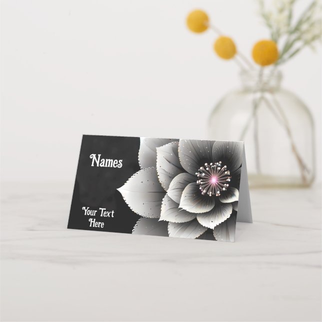 Zeitlose Eleganz: Schwarz & Silber Blossom Hochzei Platzkarte (Vorderseite)