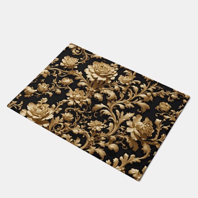 Zeitlose Eleganz: Schwarze und goldene Flora Fußmatte (Schrägansicht)