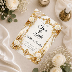 Zeitlose Elfenbein-Gold-Eleganz-Hochzeit Save The Date