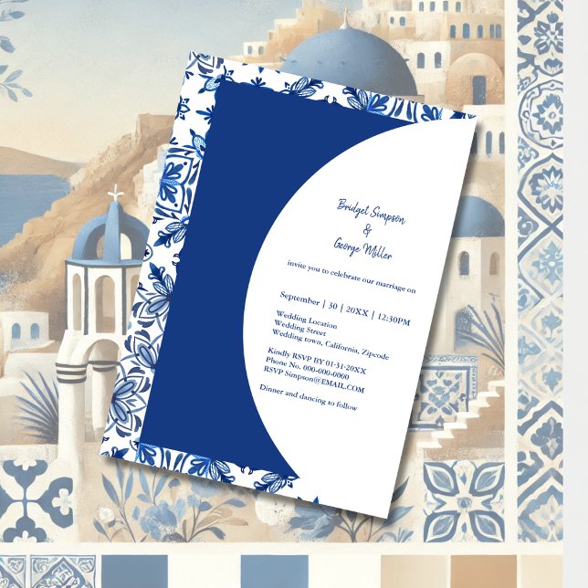 Zeitlose griechische Hochzeit in Blau und Weiß Einladung (Von Creator hochgeladen)