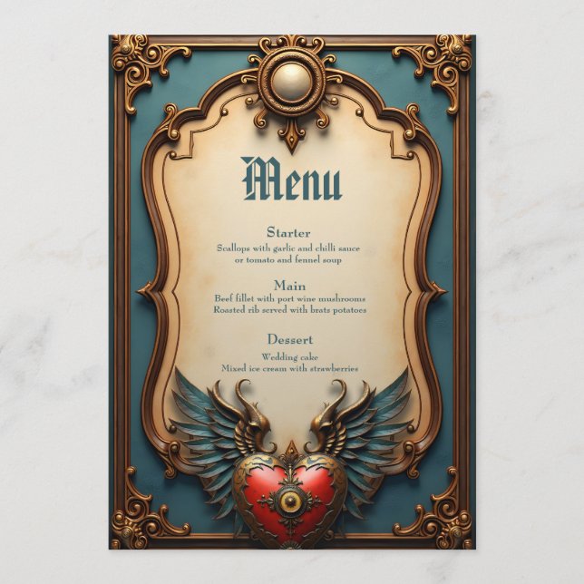 Zeitlose Liebe, surreale Eleganz im Steampunkstil Menükarte (Vorderseite)