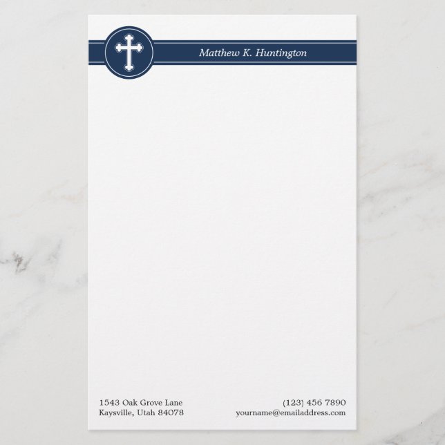 Zeitlose Navy Blue Cross Name & Kontaktinformation Briefpapier (Vorderseite)