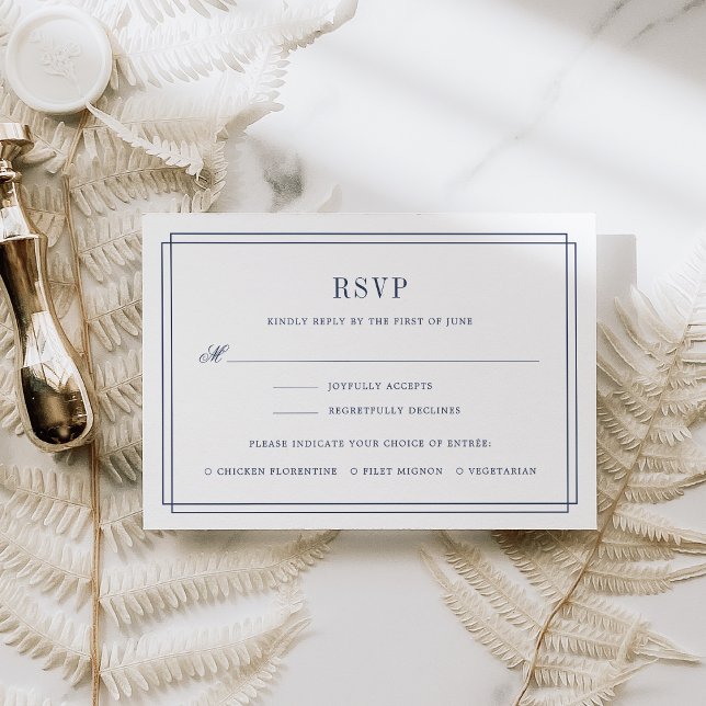 Zeitlose Navy- und White RSVP-Karte mit Speisekart RSVP Karte (Von Creator hochgeladen)