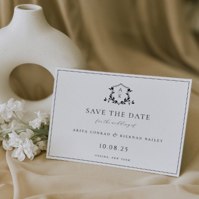 Zeitlose Reben Schwarzes Wappen Monogramm Hochzeit Save The Date (Von Creator hochgeladen)