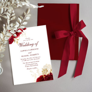 Zeitlose rote Rosen und Goldblatt-Hochzeit Einladung