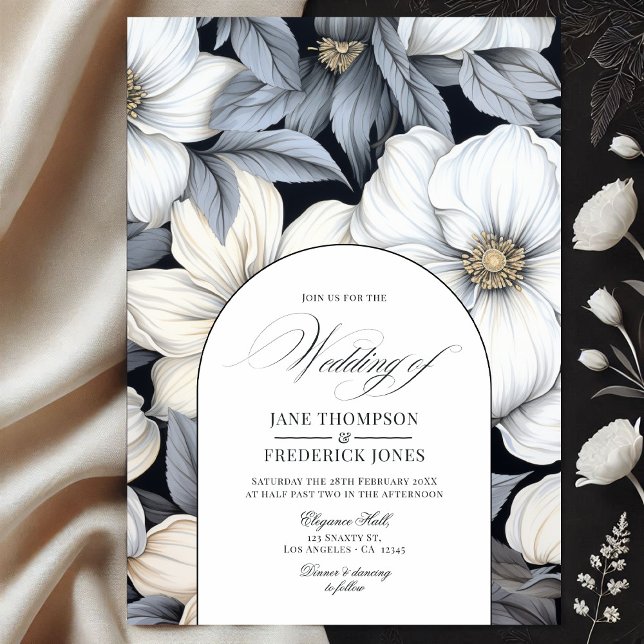 Zeitlose Schwarz-Weiß-Blumenhochzeit Einladung (Timeless Black and White Floral Wedding Invitation)
