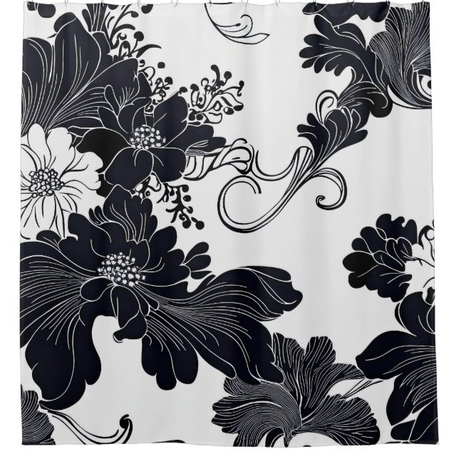 Zeitlose Schwarz-Weiß-Elegante Florals Duschvorhang (Vorderseite)