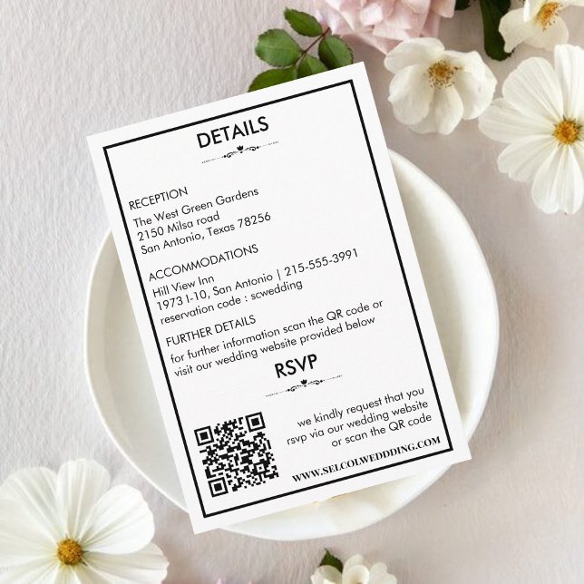Zeitlose Schwarz-Weiß-Hochzeitdetails/Rsvp-Karte Begleitkarte (Von Creator hochgeladen)