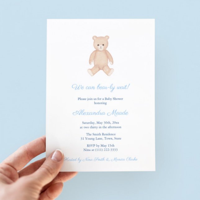 Zeitlose Teddy Bear Babydusche für Party Einladung (Classic Watercolor Teddy Bear Baby Shower For Boy Invitation with pale blue accents )
