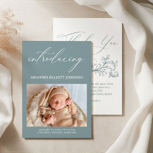 Zeitlose Vintage-Blumenblaue Babyeinladung Einladung