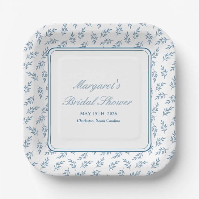 Zeitloser Blue Garden Elegantes klassisches Brautp Pappteller (Vorderseite)