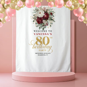 Zeitloser Burgunder-Blumen-Teppich zum 80. Geburts Wandteppich
