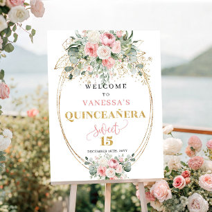 Zeitloser Rosé-Blüten-Gold-Quinceañera-Willkommen Poster