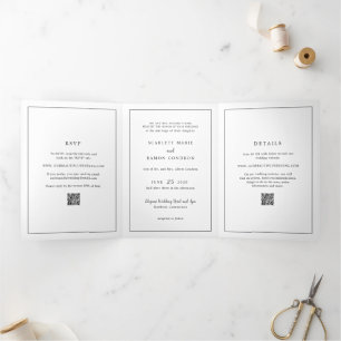 Zeitloser Schwarz-Weiß-QR-Code Elegante Hochzeit Dreifach Gefaltete Einladung