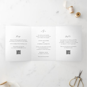 Zeitloser Schwarz-Weiß-QR-Code Elegante Hochzeit Dreifach Gefaltete Einladung