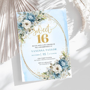 Zeitloser Staubblauer Blumen-Gold-Sweet-Sixteen Einladung