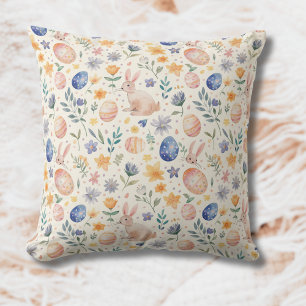 Zeitloses Aquarell Pastell-Hase Blumen Eier Kissen