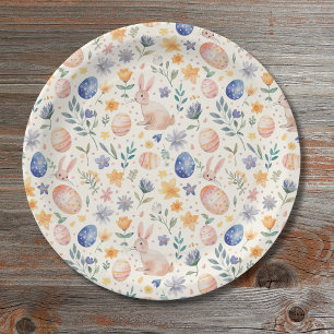 Zeitloses Aquarell Pastell-Hase Blumen Eier Pappteller